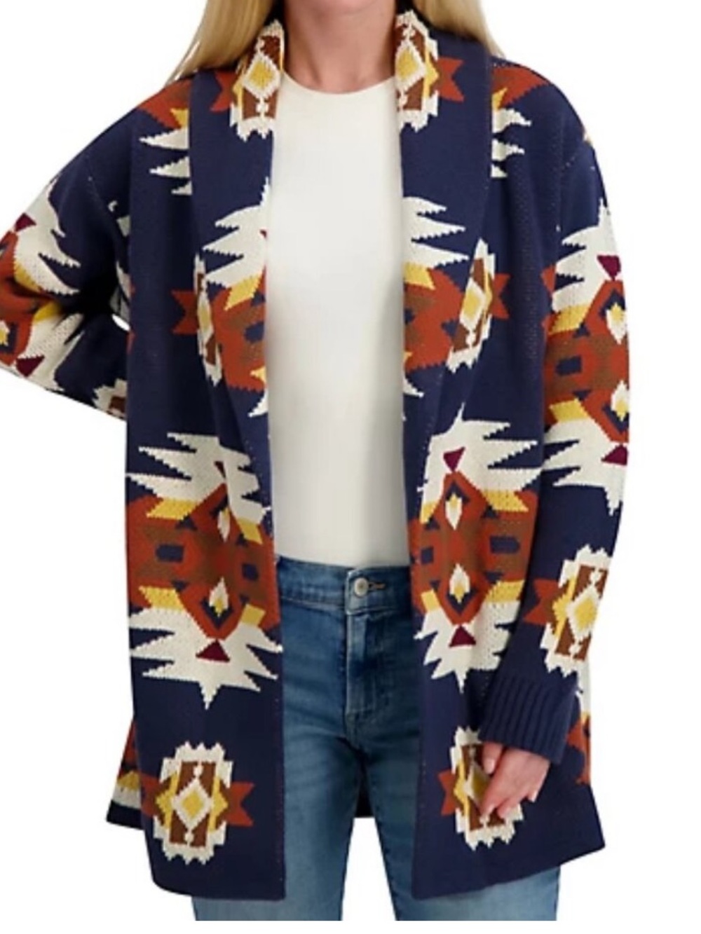 Lucky Brand Aztec Print Cardigan Size M shawl collar pockets open front